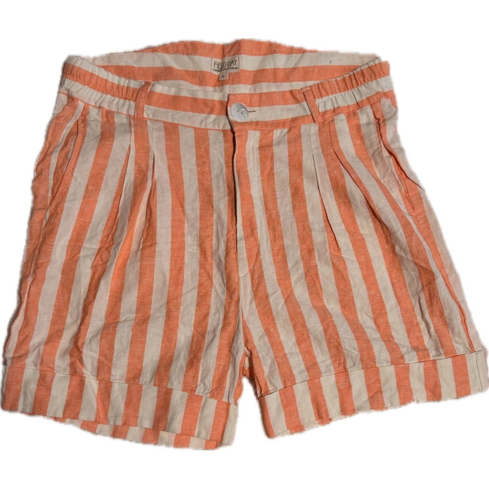 Field Day Made In California Orange White Striped Cotton Pleated Shorts XL USA